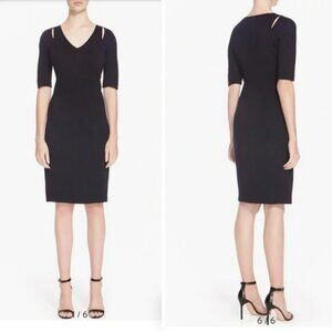 🌌 St. John Dark Navy Knit V-Neck Panel Dress | Elbow Sleeve Knee-Length Size L